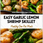 Skillet filled with garlic lemon shrimp, broccoli, and asparagus showing a colorful keto dinner shrimp and healthy recipe.